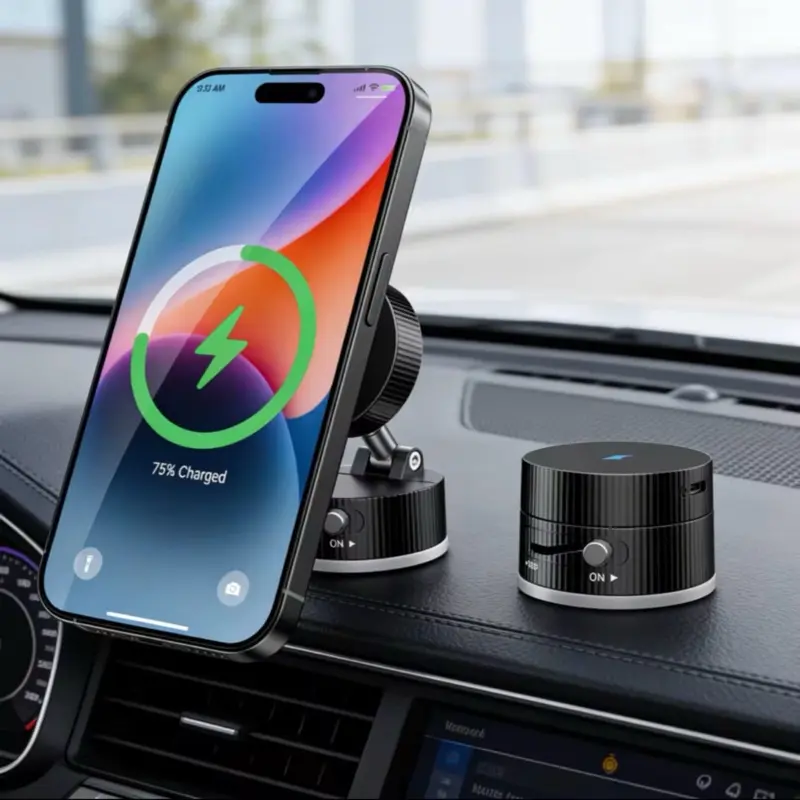 Magnetic Car Phone Mount with 15W Wireless Charger – Vacuum Suction, 360° Adjustable, Strong Magnetic Hold