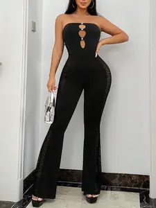 Women's Sexy Trim Cut Out Sheer Mesh Dress Pants, High Stretch Patchwork Long Bell Bottoms, Slim Fit Sleeveless Party Nightclub Wear Womenswear