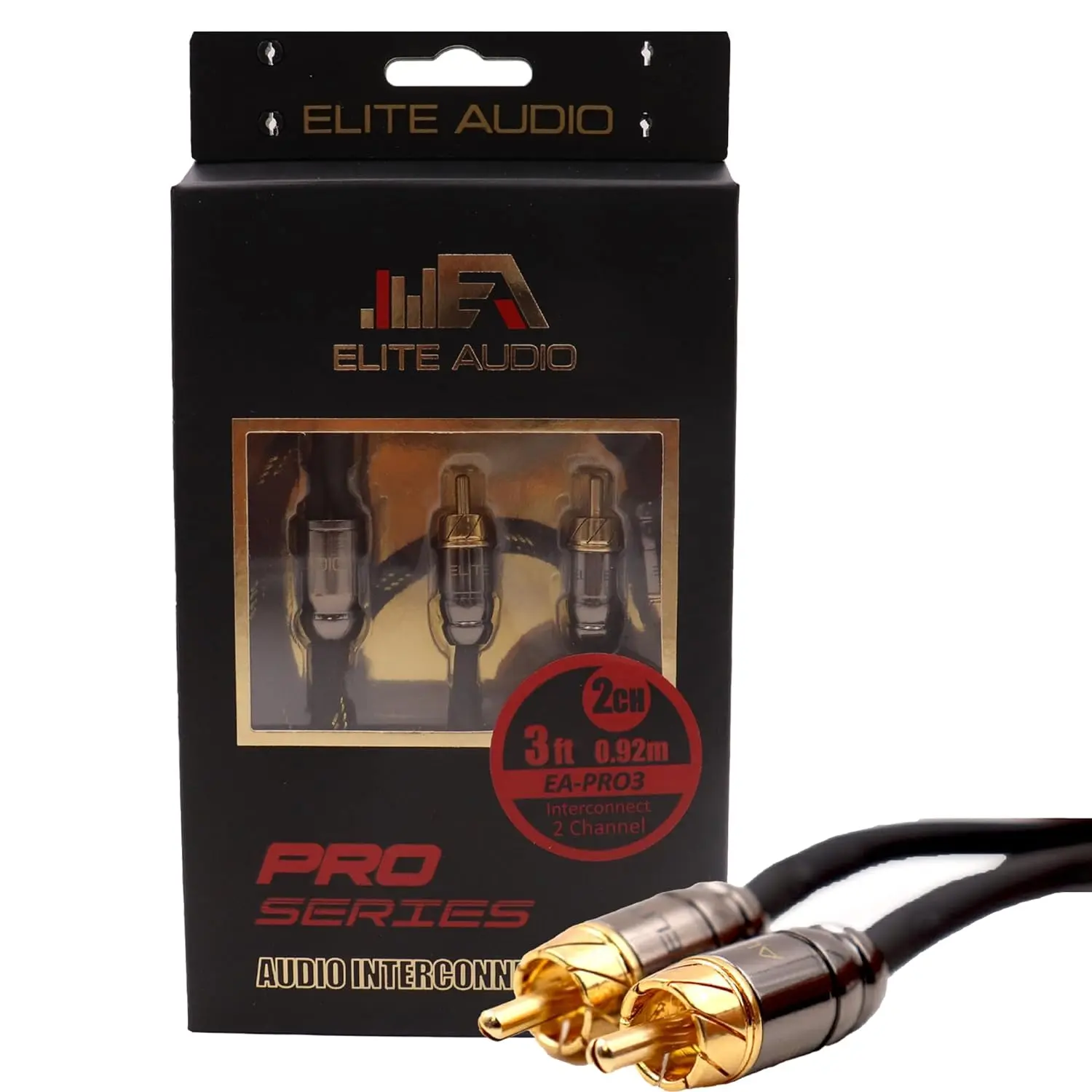 Elite Audio EA-PRO3 Pro Series 2-Channel RCA Interconnect Cable for Car Electronics, 3ft 100% OFC Copper, Triple Shielded for Noise Protection, Durable Brass Connectors