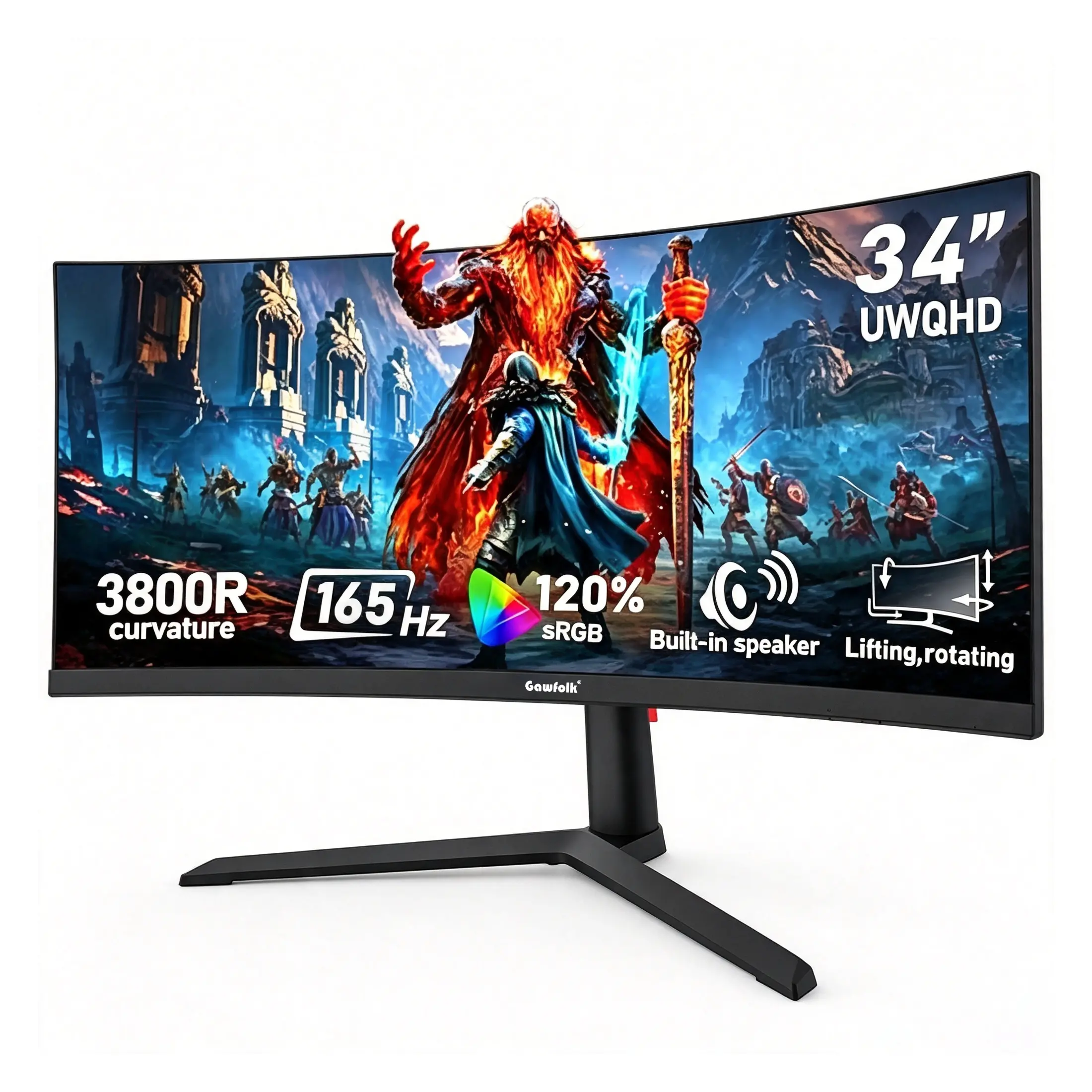 34 Inch Ultrawide Curved Gaming Monitor,165Hz,  3800R 21:9 UWQHD 3440x1440, 3800R Adaptive Sync, Multi‑Directional Adjustable Base, HDMI2.1/DP1.4, PIP/PBP, Low Blue Light