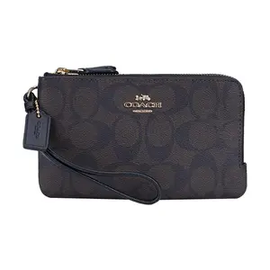 COACH Corner Zip Double-Zip Clutch Bag for Women – Monogram Canvas and Leather, Mahjong Style, Black and Brown