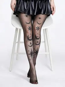 Women's 20D Star Moon Print Stockings, Anti-Pilling Long Socks, Sexy High Waist Silky Pantyhose, Tights, Comfortable & Stylish Legwear