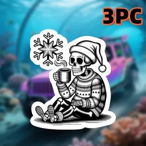 3 Pieces Waterproof Vinyl Christmas Skull Stickers - Gothic Santa Claus Snowflake Hot Cocoa Design, Irregular Shape Matte Stickers for Motorcycles, Laptops, Cars, Plastic, Wood and Metal Surfaces - Pre-cut Temporary Holiday Decoration Car Stickers