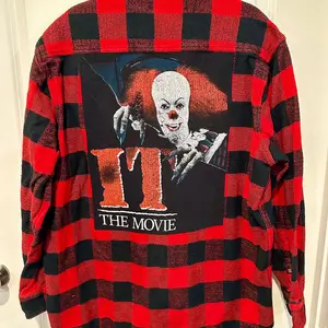 Pennywise movie horror Halloween upcycled, thick flannel shirt, XL
