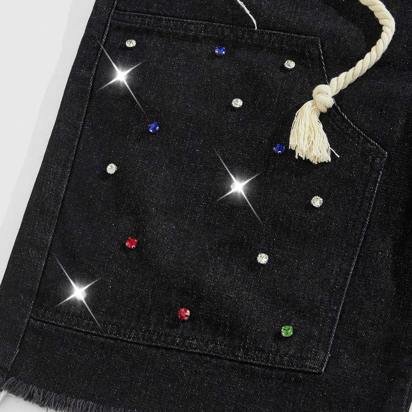 Men's Sparkling Rhinestone Casual Streetwear Shorts - Mid Waist, Loose Cut Lets You Move With Ease, Layered Denim Adds Depth and Texture, Stylish Cotton Blend Double-Layer Menswear Bottoms