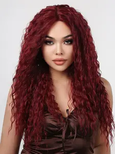 26 Inch Long Wavy Wine Red Synthetic Wigs for Women, Gorgeous Fluffy Wigs without Bangs, Synthetic Lace Front Wigs for Party, Daily Use, Machine Made Wig