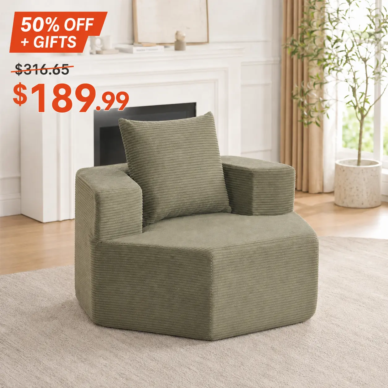 Tactow Corduroy Cloud Sofa Chair, Compressed Foam Boneless Couch with Deep Seat, Wide Armrests and Back Pillow, No Assembly Accent Chair for Living Room, Bedroom and Apartment