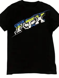 Fox Racing Theme Short Sleeve T-Shirt, Round Neck, Trendy Casual Graphic Print and Contrast Design, Comfortable Cotton Fabric for Racing Culture Enthusiasts