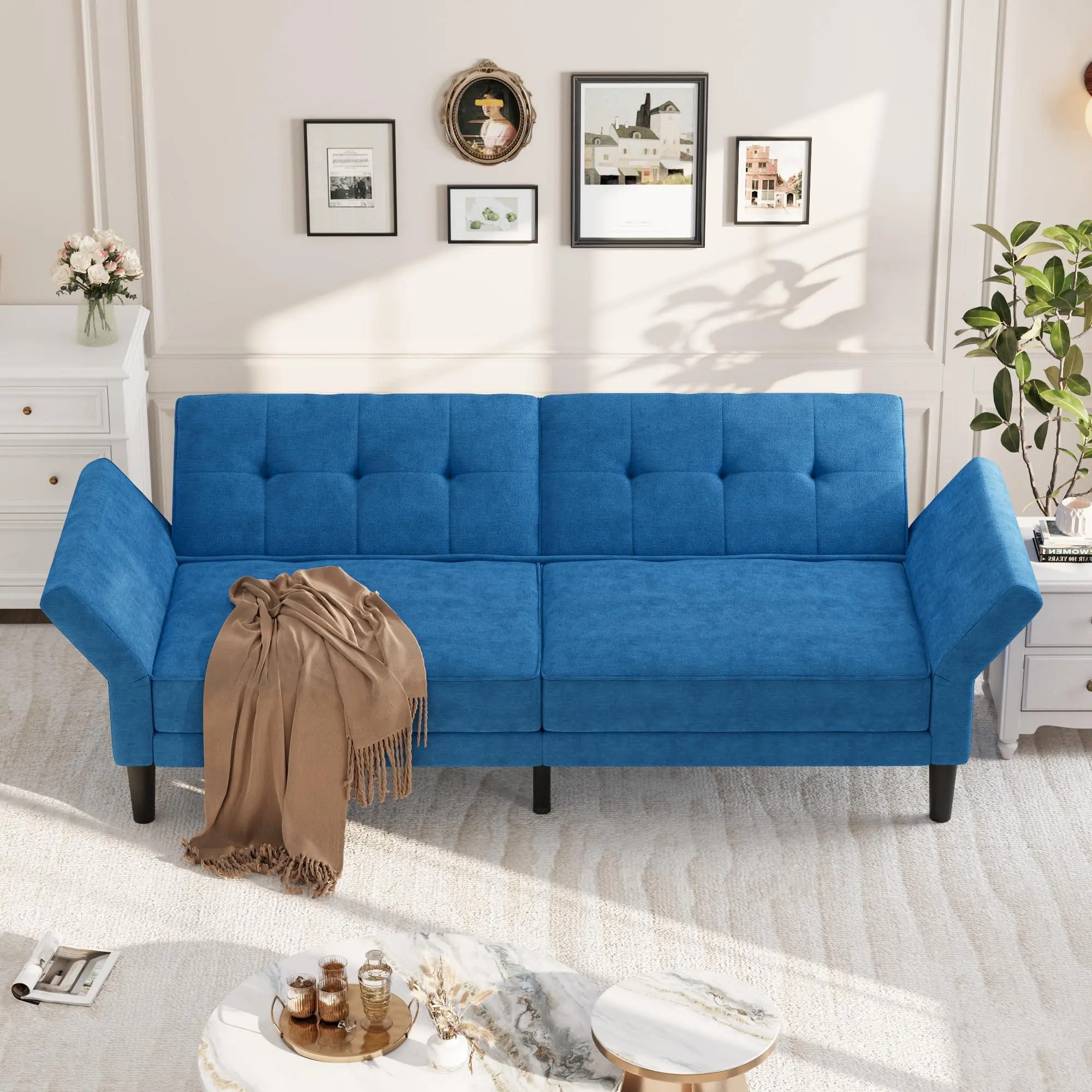 GARVEE Blue 89" Futon Sofa Bed, Convertible Sleeper Sofa with Adjustable Backrest & Armrest, Modern Futon Couch Bed, Loveseat Sleeper for Living Room Bedroom Apartments