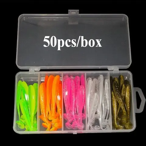 50pcs/100pcs/150pcs Fishing Bait Set, Artificial Fishing Lure, Fishing Lures Kit, Outdoor Fishing T-tail Two-color Bait with Portable Tackle Box, Fishing Tackle Kit, Fishing Supplies, Fishing Gear