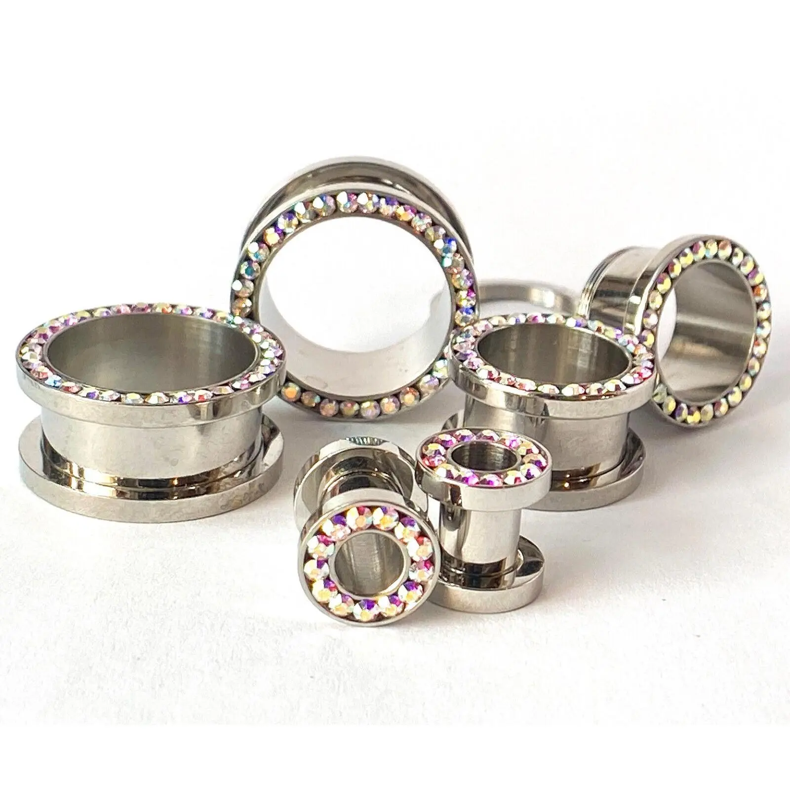 PAIR Aurora Borealis Gem Rimmed 316L Surgical Steel Screw Fit Tunnel Plug Gauges