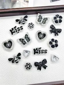 16PCS Retro Black Silvery Butterfly Bees ABS Shoe Charms Punk Chains DIY Decorations Bling Rhinestone Flower Star Clog Shoes Buckles Accessories Removable Luxury Bowtie Shoe Clips Ornaments Women Bubble Slides Sandals Garden Shoes Beach Bag Decor