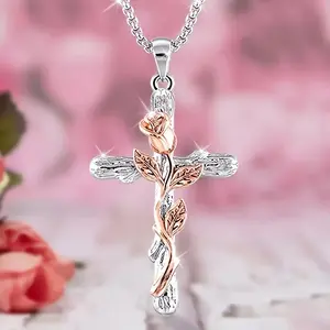 Cross Pendant Necklace with Rose Flower, Large Children's Cross Pendant