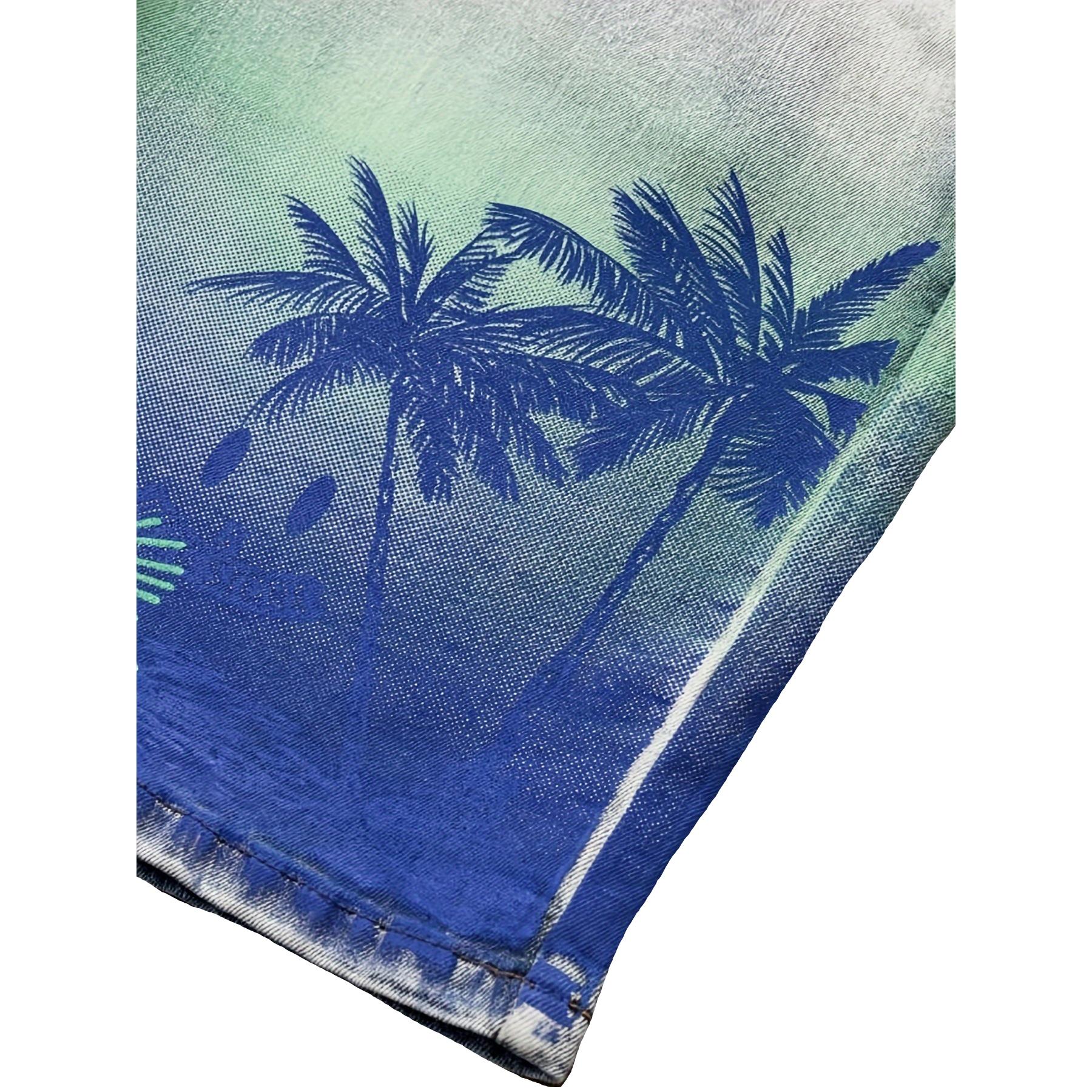 Men’s summer straight-leg blue distressed denim shorts with European/American fashion prints