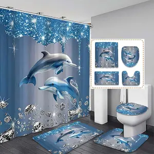 Creative Dolphin Diamond Print Shower Curtain Set, Includes Bath Mat, Toilet Lid Cover, U-Shaped Pad, Polyester Fiber Bathroom Decor Gift, Bathroom Decoration Accessories