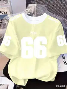 66 Print Trendy Brand - Vibrant and Playful Print Design, Full of Fun in European and American Style Round Neck T-Shirt, Spring and Summer Casual Simple Fashion Short Sleeve Base Layer, Women's Apparel