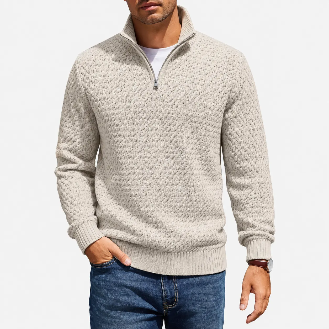 Men's Quarter Zip Pullover Sweaters Casual Slim Fit Textured-Knit Sweater