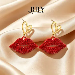 JULY Red Crystal Lip Dangle Earrings with Hollow Heart Charm, Waterproof Colorfast Statement Jewelry, Perfect for Party, Prom & Night Out Events