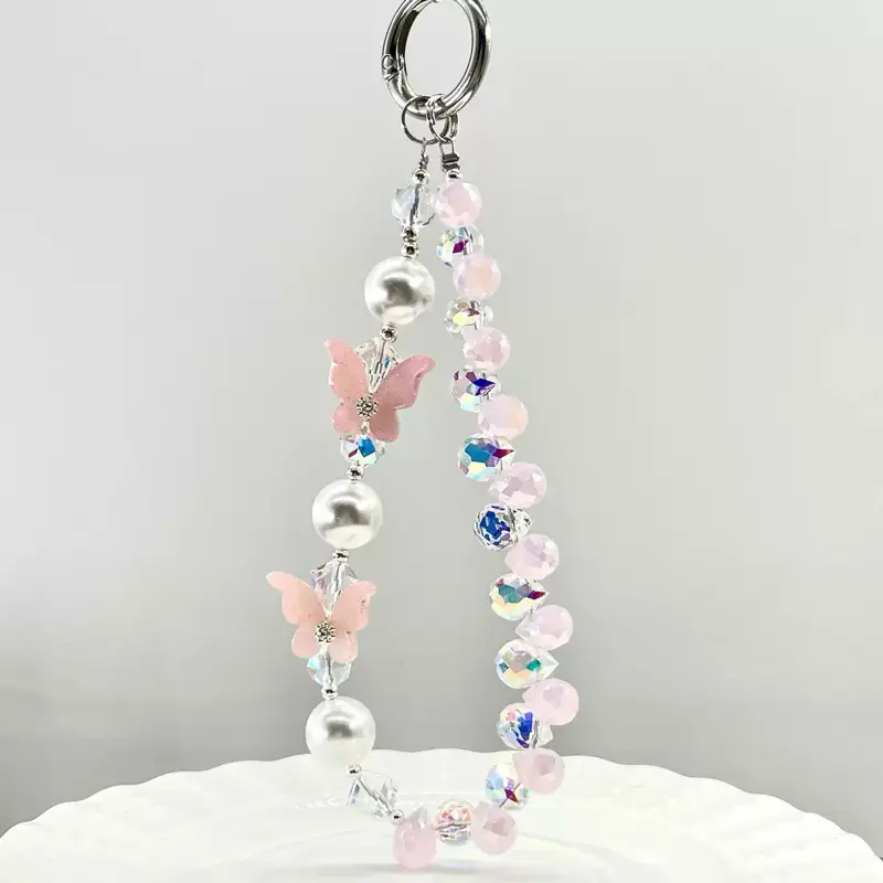 Pink Butterfly Crystal & Pearl  Phone Char