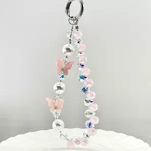 Pink Butterfly Crystal & Pearl  Phone Char