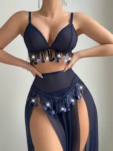 New European And American Sequined Belly Dance Waist Strap Bra with Sequins And Tassels, sexy lingeries a Sexy Lady Three-Piece Set Underwear