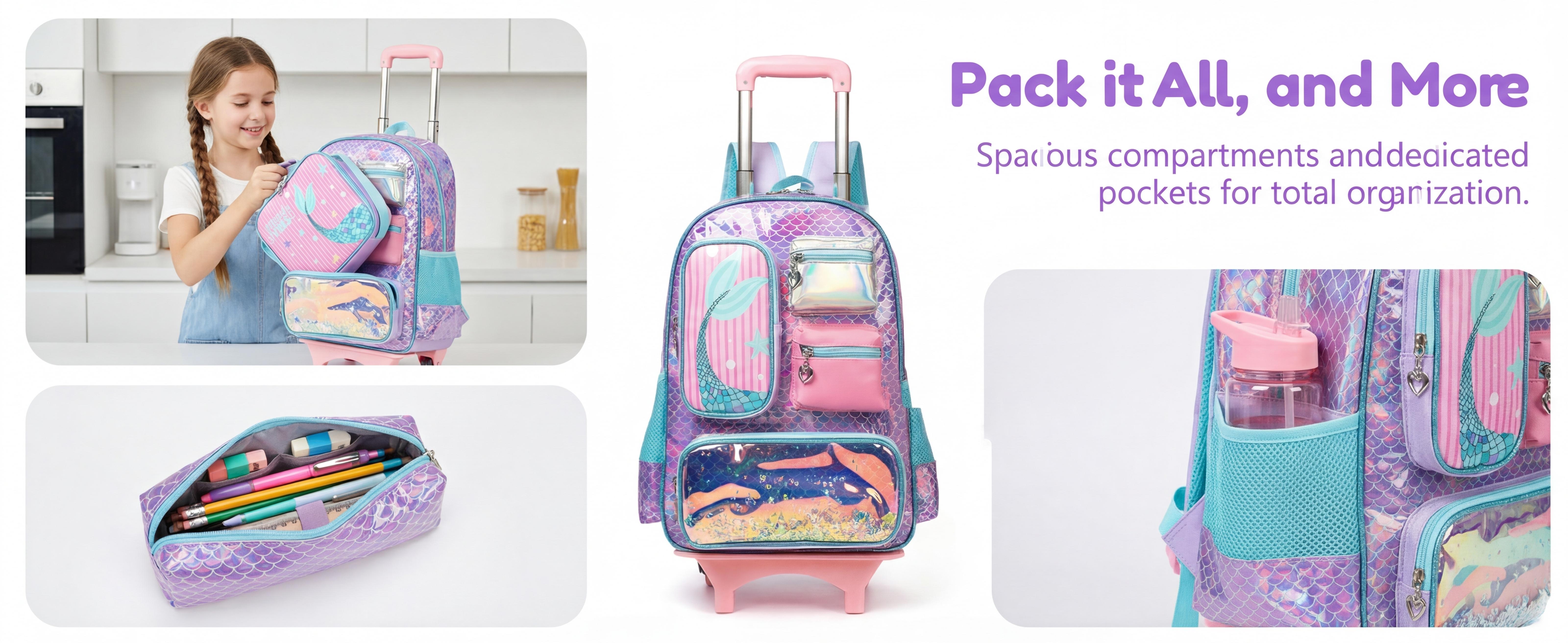 Rolling Backpack for Girls with Wheels Elementary School Bag Lunch Box Pencil Case Set for Ages 6-12 Years Old Mermaid Design