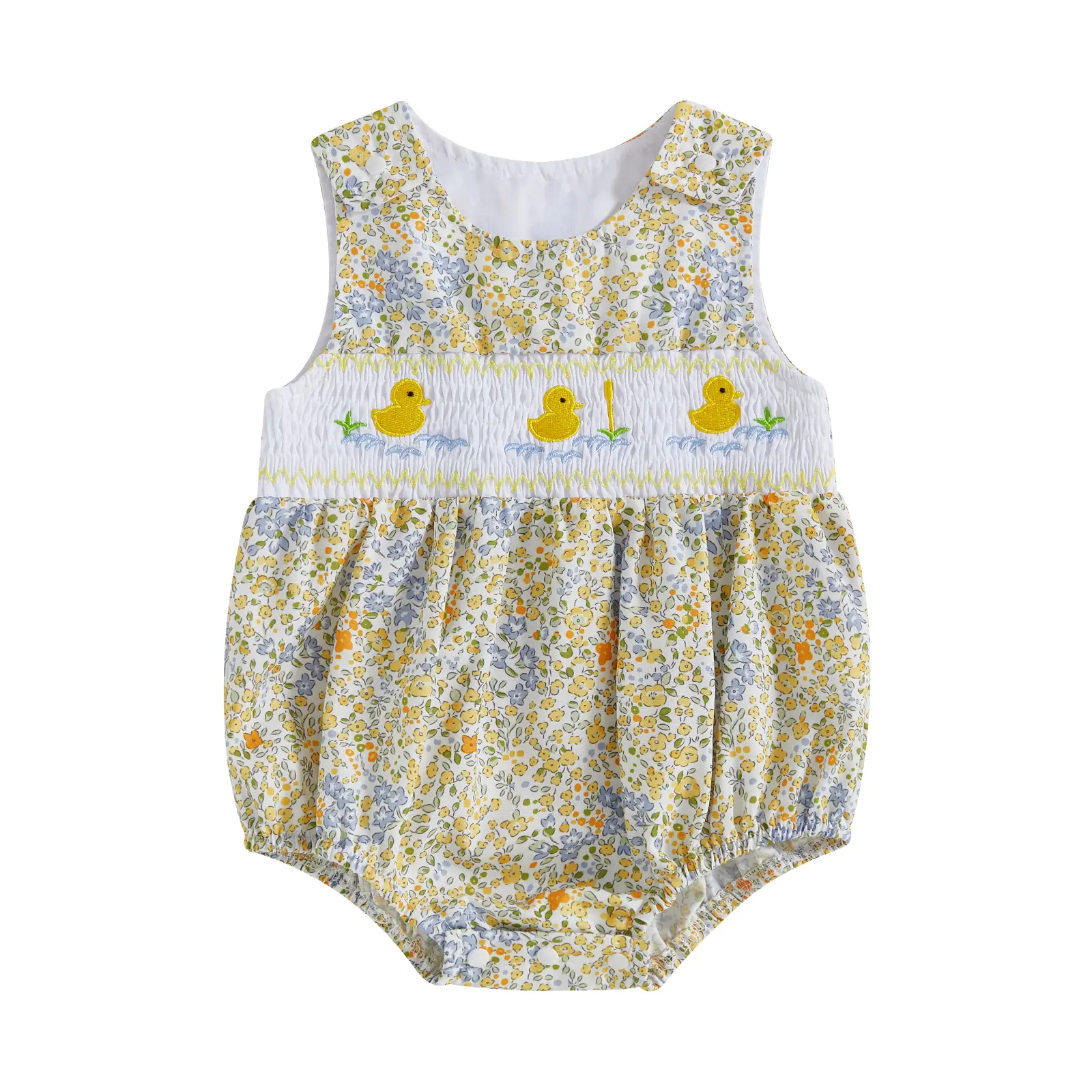 Infant Baby Girl Duck Embroidery Romper Infant Smocked Sleeveless Round Neck Sweet Floral Jumpsuit