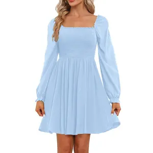 Holipick Plus Size Teen Casual Fall Wedding Guest Smocked Square Neck Dresses Long Sleeve Cute Flowy Short Dress 2026