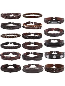 17 Pcs Mens Leather Bracelet  Bracelet for Men Black Adjustable Leather Bracelet Punk Braided Women Rope Men's Bracelet with Beads Leather Wristbands Vintage Bracelets Set Wrist Wrap for Men Adjustable Cuff Beaded Bracelet