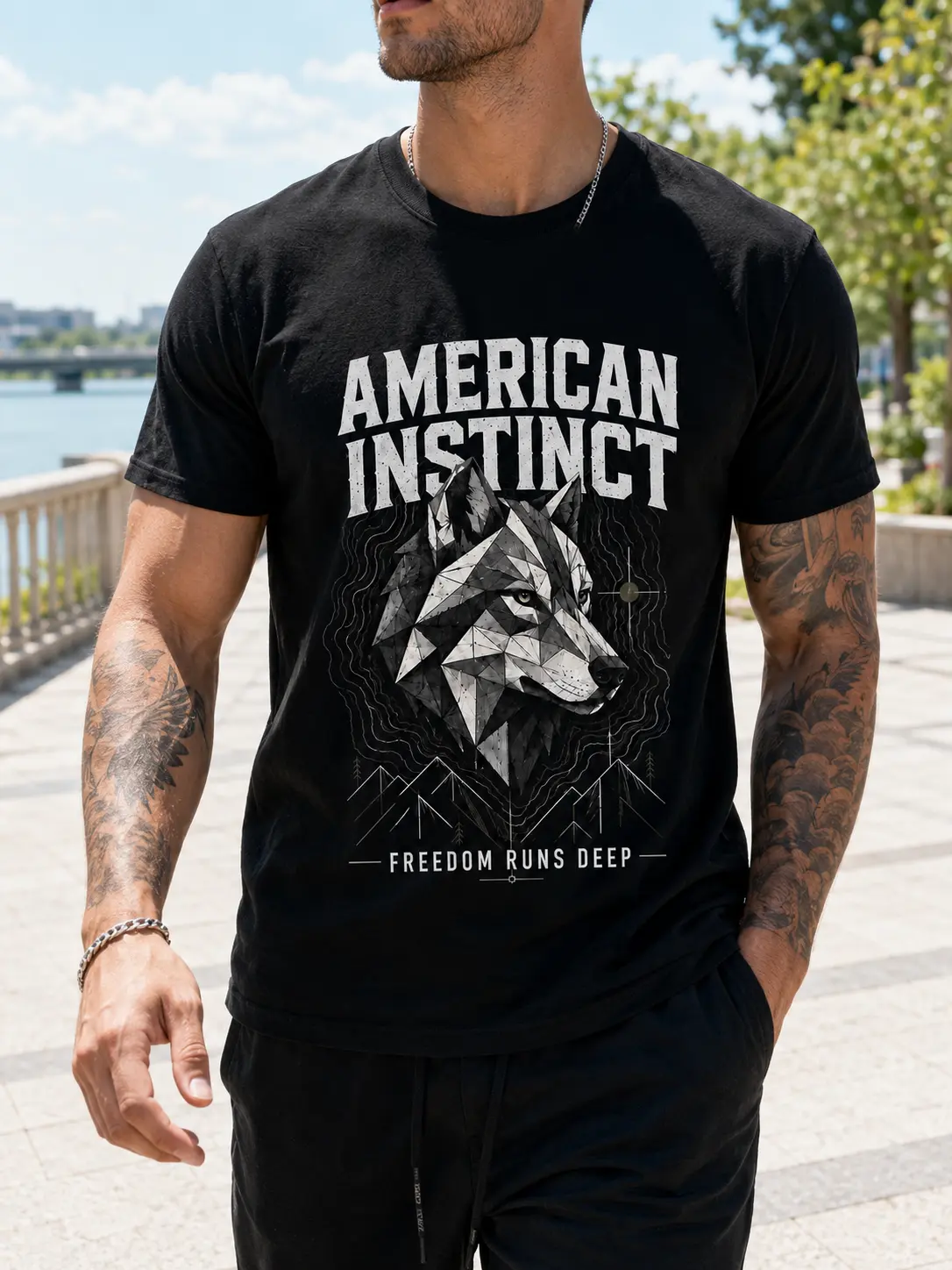 Men's 100% Cotton Short-Sleeve Round Neck Streetwear Graphic T-Shirt - Funny "American Instinct" Print tee, Breathable Casual Top, Gift For Husband or Boyfriend, Crewneck Black Summer Menswear Apparel  Tshirt, Shortsleeve for all seasons