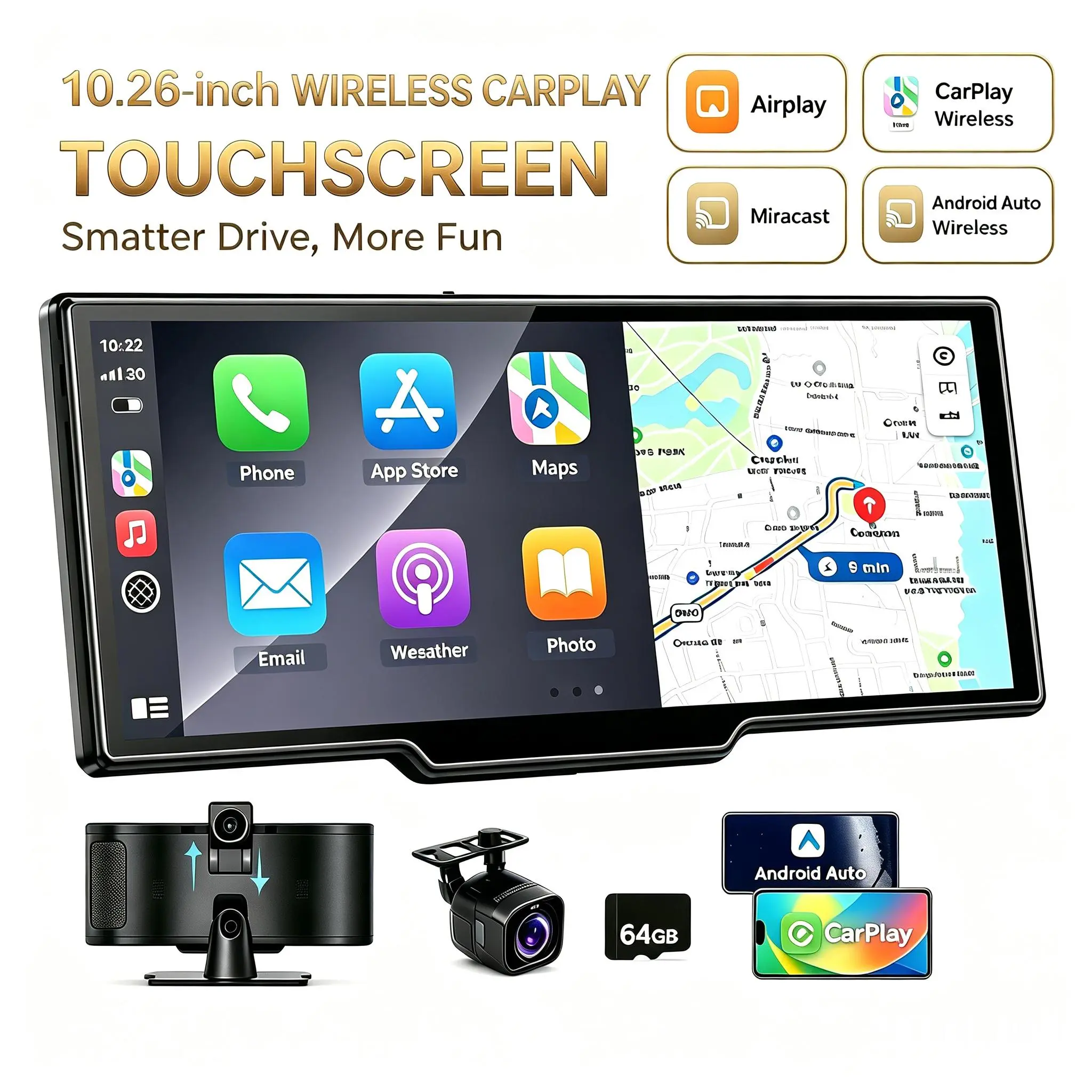 2026 Upgraded Wireless CarPlay Screen: 10.26 inch IPS Touchscreen supporting CarPlay, Android Auto, Mirror Link (supports tiktok and youtube), Backup Camera, Navigation, and Voice Assistant Car Video Players Car Tv
