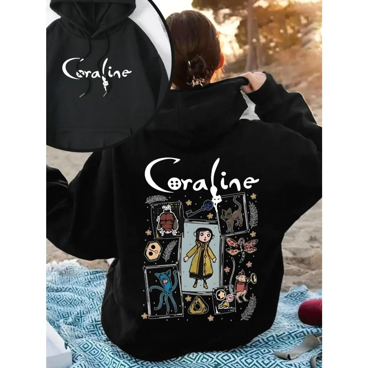 Coraline Double-Sided Oversized Everyday Essential Casual Fitted Knit Long Sleeve Hoodie Sweatshirt Pullover - Women's Black Graphic Hoodie with Front & Back Movie-Inspired Prints Double Printed Hoodie Casual Streetwear Hoodies F6W