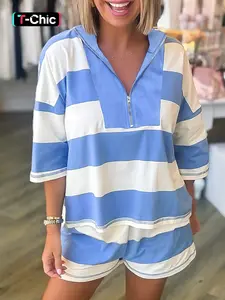 Hotapei Striped Stitching Detail Half-Zip Loose Short Sleeve T-Shirt Casual Shorts Two-Piece Set Co Ord Set, Casual Fashion Set, Comfortable Summer Womenswear Tee Shorts Set