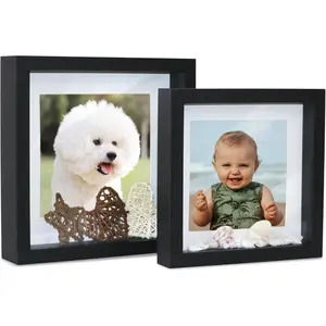 Black Shadow Box Frame 8x8 7x7 Square Box Frame with Mat, for 5x5 6x6 Pictures, for Wall and Tabletop  for Christmas,  Year, Birthday, Anniversary, Mother's Day, Set of 2