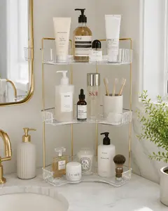 【Deals For You - Mid Year Sale】3-Tier Clear Acrylic Gold Vanity Organizer, Large Capacity Multi-Tray Aesthetic Room Decor, Cologne Stand Display, Corner Rack Shower Organiser, Apartment Accessories for Bathroom-Bedroom, DFYD Restock Gift for Her