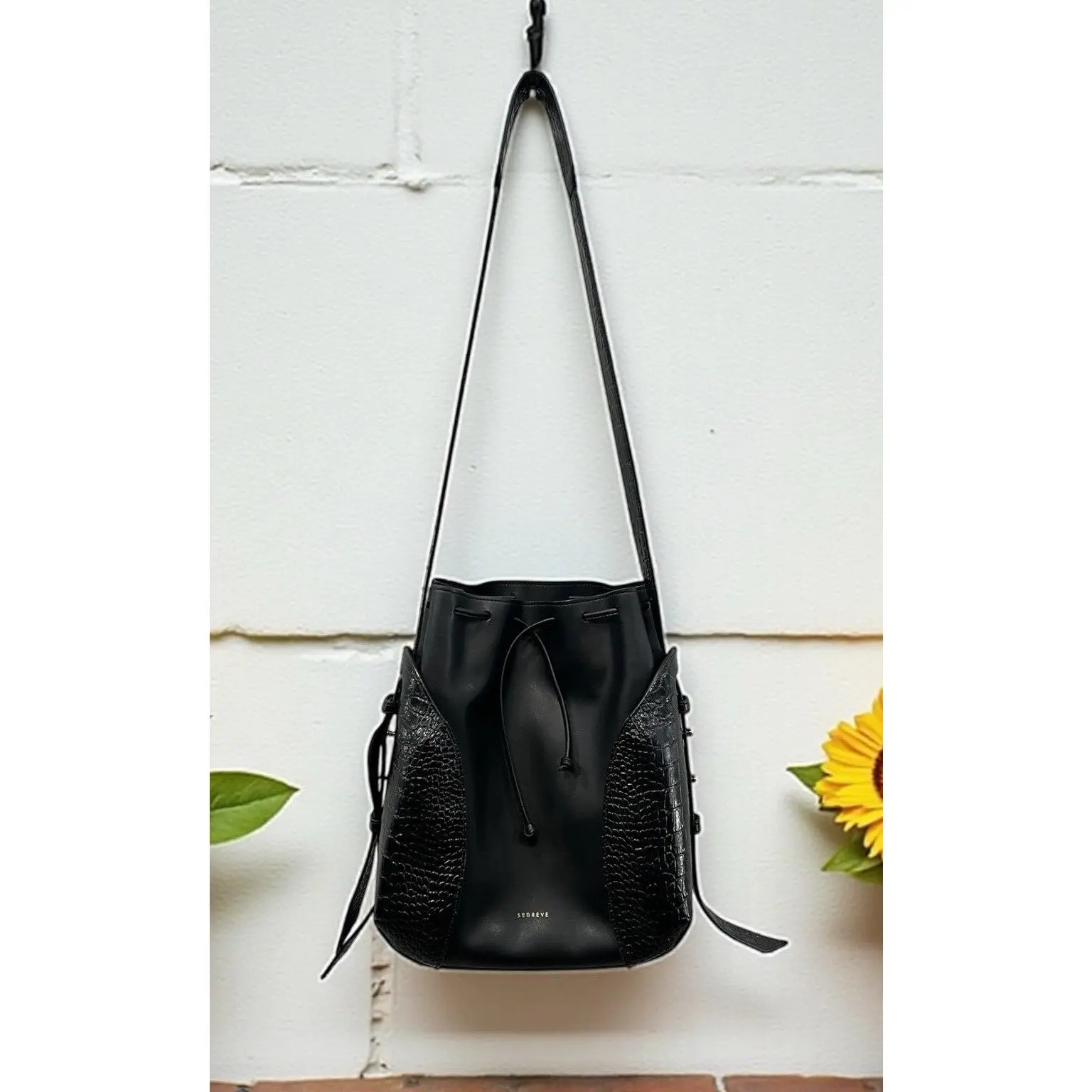 Senreve Fiore Vegan Leather Black Croc Embossed Bucket Bag Retail $825