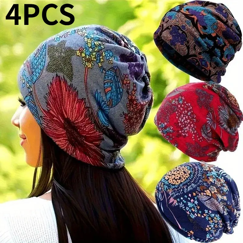 4 Piece Folk Head Scarves for Women, Boho Floral Cotton Blend Relaxed Fit Chemo Beanies, Multifunctional Neck Gaiter for Casual Wear, Hairwraps, Bohemian Scarves & Shawls, Washable Fabric, 27Cm By 28Cm, 4 Pieces