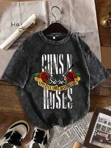 Women's Summer Cotton Short Sleeve Round Neck T-Shirt, Gunpowder Rose Print, Casual Streetwear, Perfect Gift, Fitted Knit Tee for Daily Wear