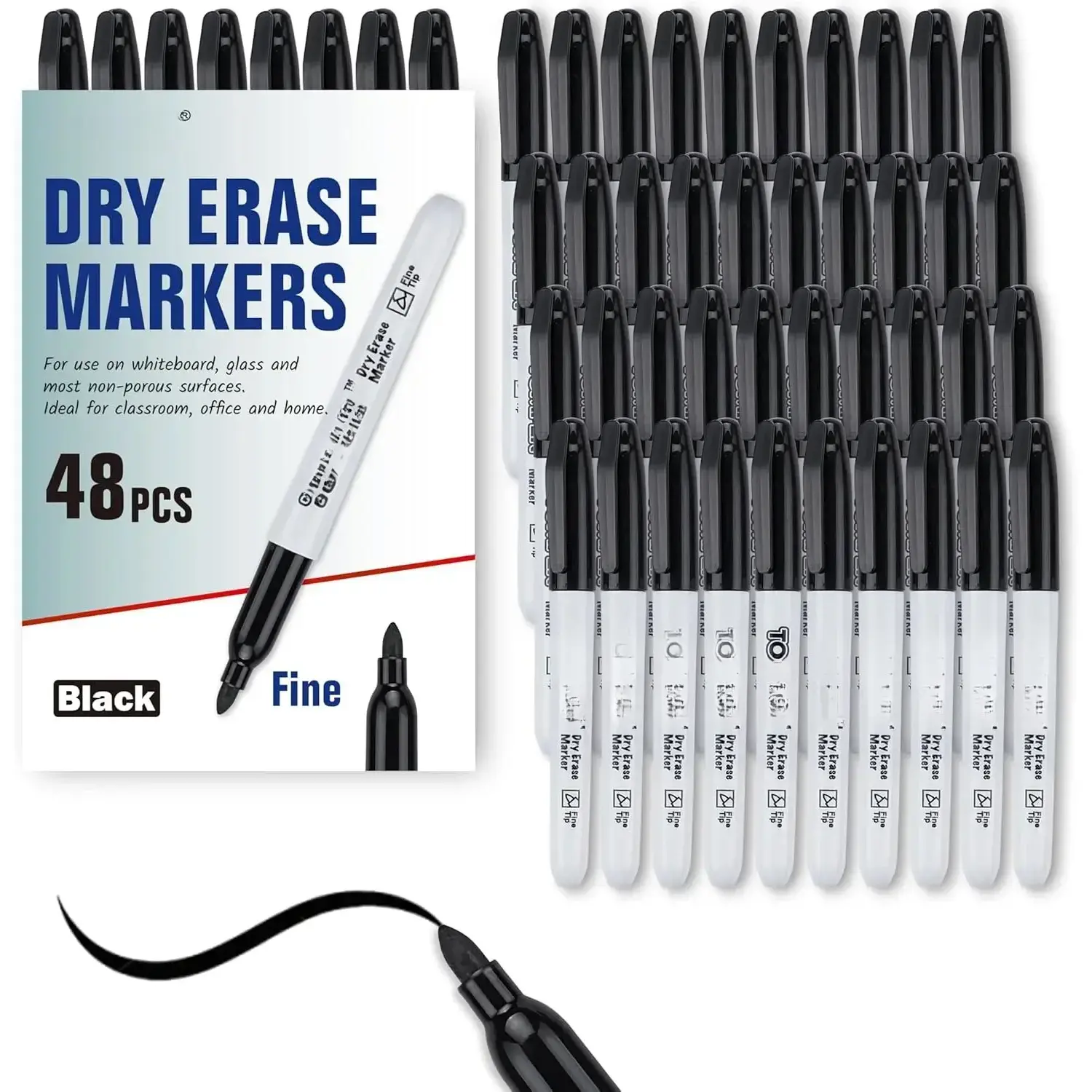 48 Count Bulk Pack Fine Tip Dry Erase Markers, Black Low-Odor Quick-Drying Ink, Easy Erasing Whiteboard Markers for Classroom, Meeting Room Office Home Writing Planning