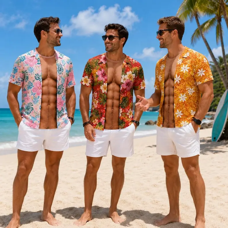 Personalized 3D Fake Open Hawaiian Muscle T-Shirt, Men’s Funny Beach Vacation Illusion Top, Tropical Summer Party Gift for Him