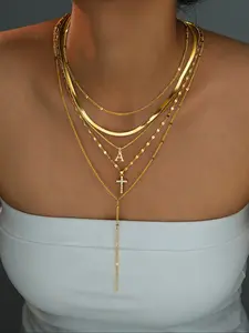 Women's Elegant Zinc Alloy Letter Pendant Necklace Set, Multi-Layer Cross Chain Jewelry Gift for Women Daily Wear Birthday Wedding