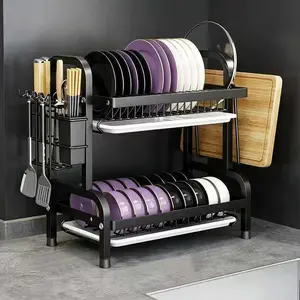 Double-layer dish drying rack, made of rust-proof and durable material; large-capacity kitchen dish organizer with cutlery & cup holders and a draining board. Space-saving design can store various items.