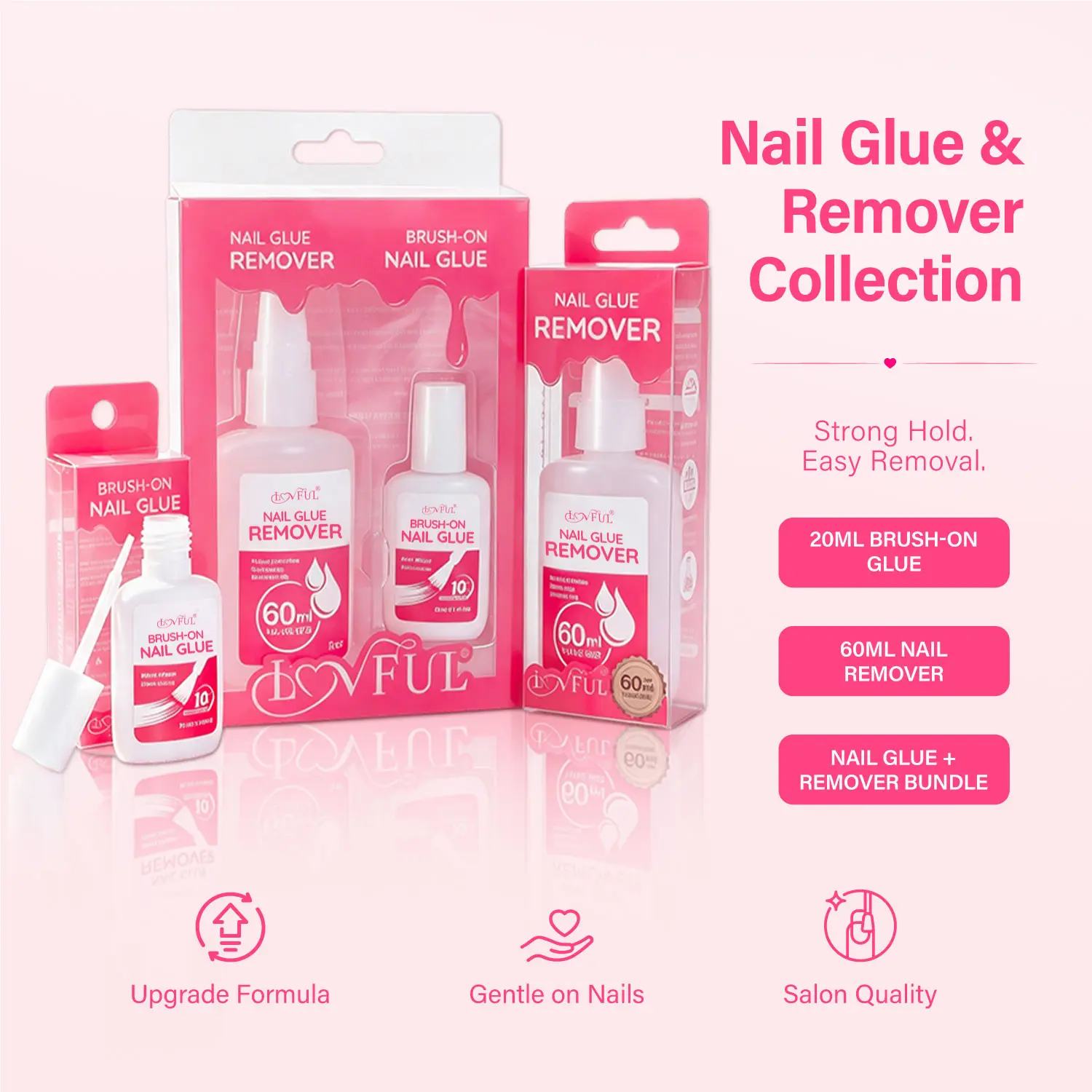 Lovful Press On Nail Glue & Remover Kit, 20ML Brush-On Glue, 60ML Nail Remover, Strong Hold & Easy Removal