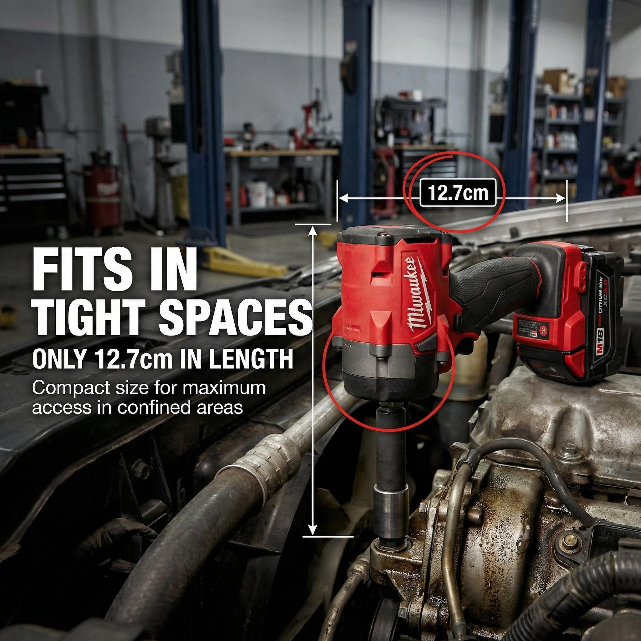 Milwaukee FIW212 1/2" Compact Impact Wrench – 0-2400 RPM, 0-3500 IPM, 300Nm Breakaway Torque – Built for Tight Engine Bays & Assembly Work with 18V Lithium-Ion Battery