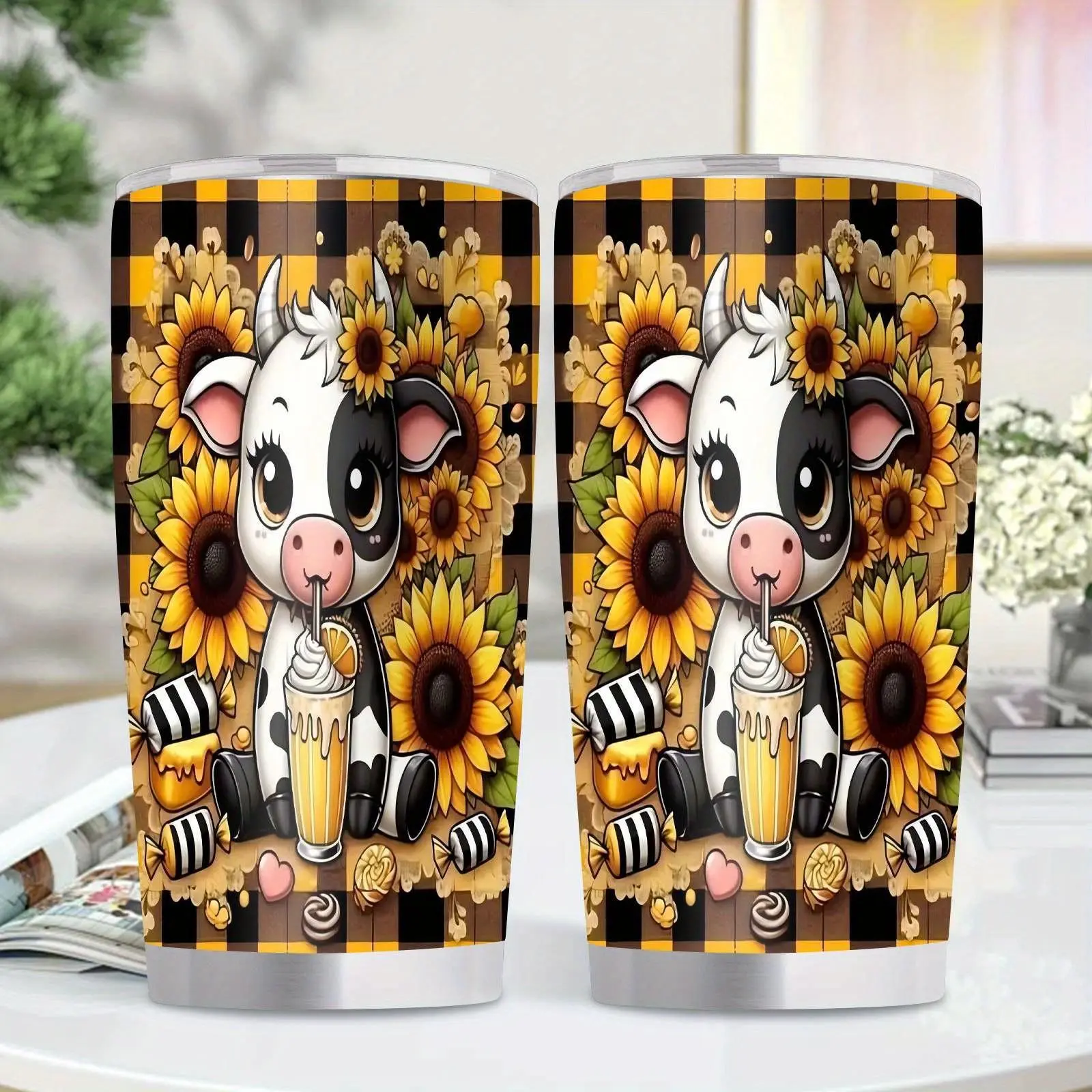 1pc Cute Cow & Sunflower Insulated 304 Stainless Steel Tumbler Drinkware - 20oz Portable Leakproof Water Bottle Flask, BPA-Free Double-Wall Vac Insulation, Spill-Proof Lid with Straw Slot, for Home, Camping
