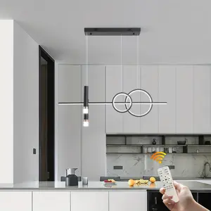 Modern LED Linear Pendant Light with Remote Control Dimmable Adjustable Pendant Light Height for Kitchen Dining Room - Black