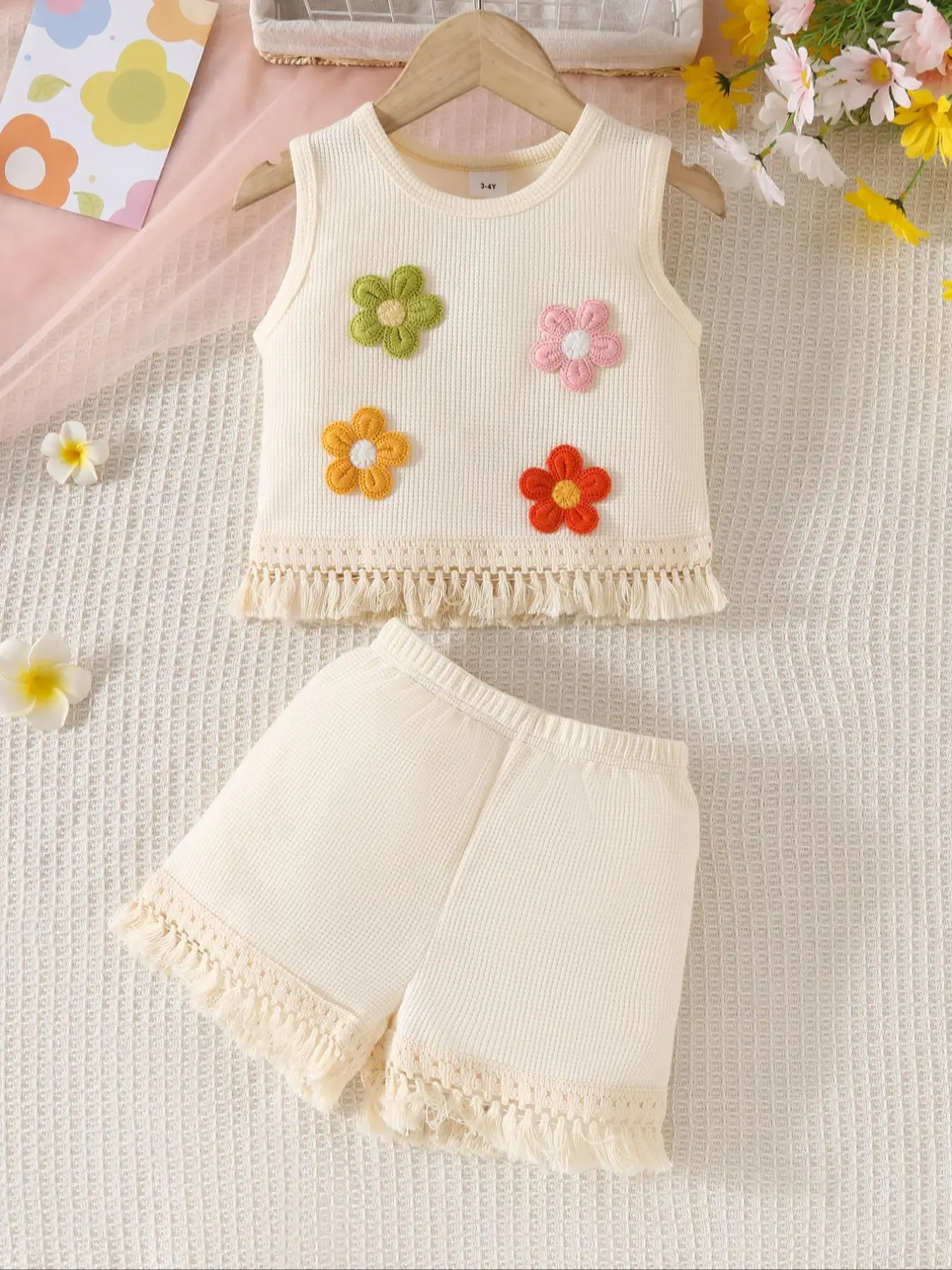 Two-piece Set Girl's Floral Embroidery Tank Top & Shorts, Cute Casual Sleeveless Round Neck Top & Shorts Outfit for Summer, Kids Clothes for Daily Wea