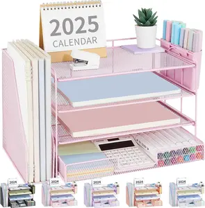 4-Tier Desktop File Organizer with Drawer and 2 Pen Holders, Office Desk Accessories File Sorters, Workspace Organizers for Office Supplies (Pink)
