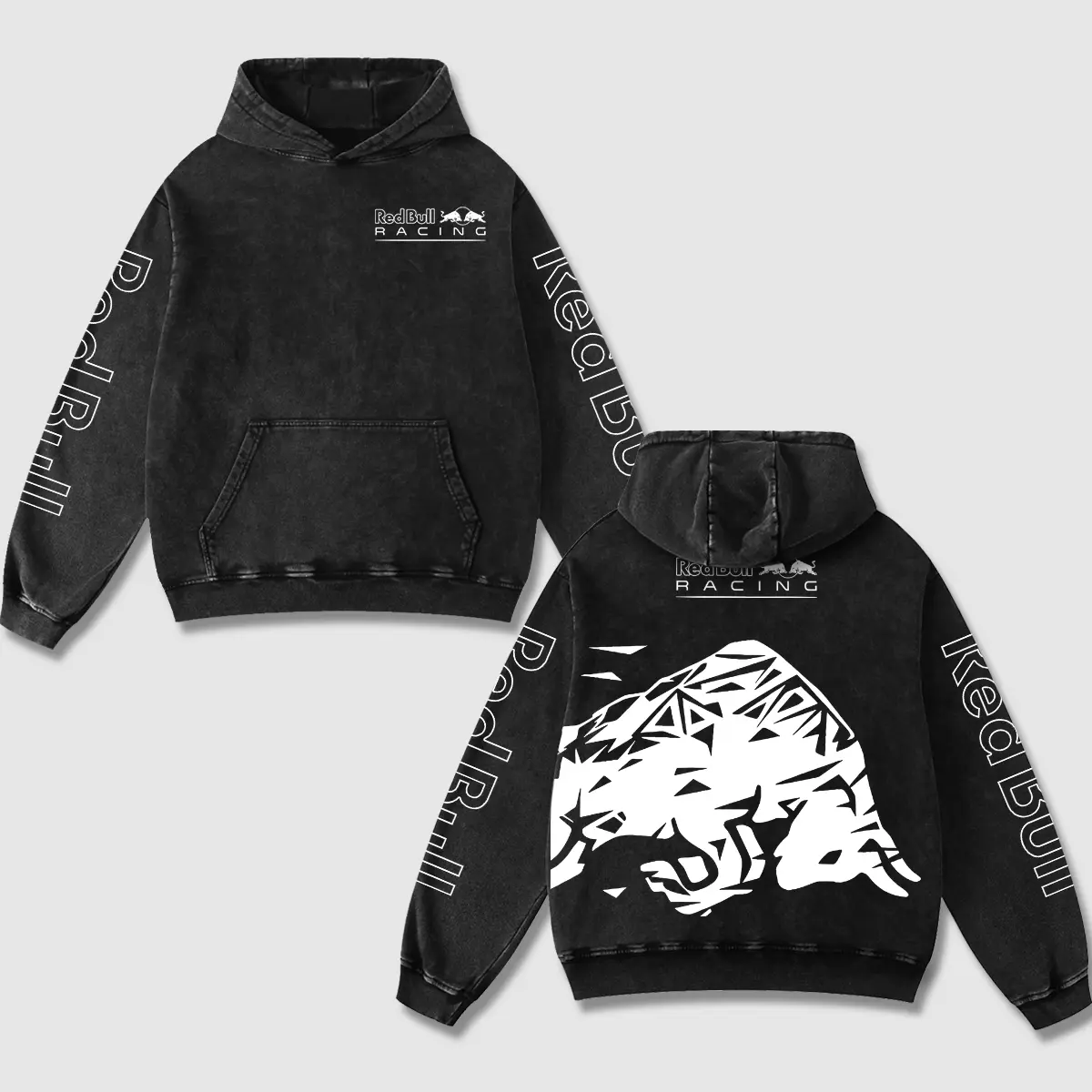 Retro White Redbull Racing Acid Washed Hoodie MotoGP World Champion Enthusiast Apparel Streetwear Racing Team Motorcycle Clothing Motobike Riders Supermotor Off-Road Dirt Bike Fan Gear Cotton For Motor Fan