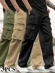 3-Piece Men's Casual Outdoor Work Pants - 100% Polyester, Non-Stretchy, Regular Fit, Four-Season Multi-Functional Pocketed Hiking Cargo Pants Menswear Stylish Trouser Plain Beige